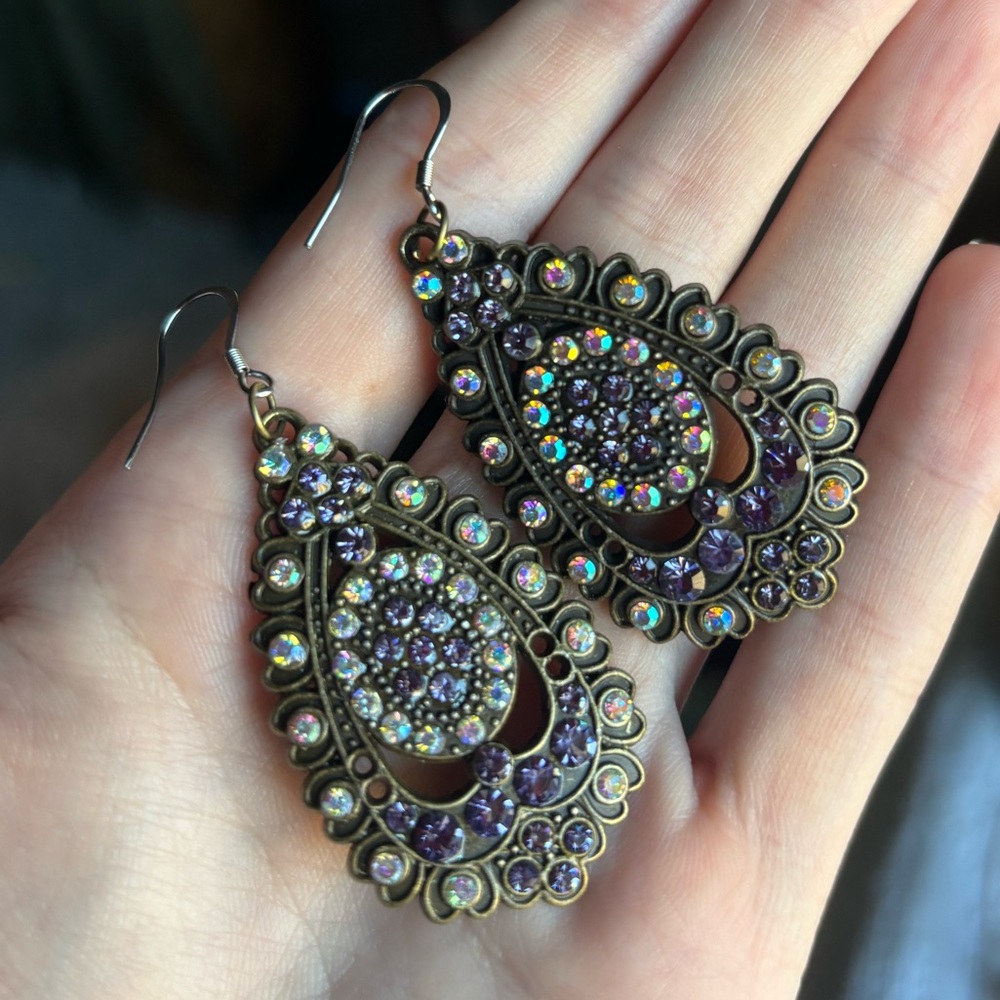 Boho Vintage Inspired Teardrop Purple and Iridescent Dangly Earrings